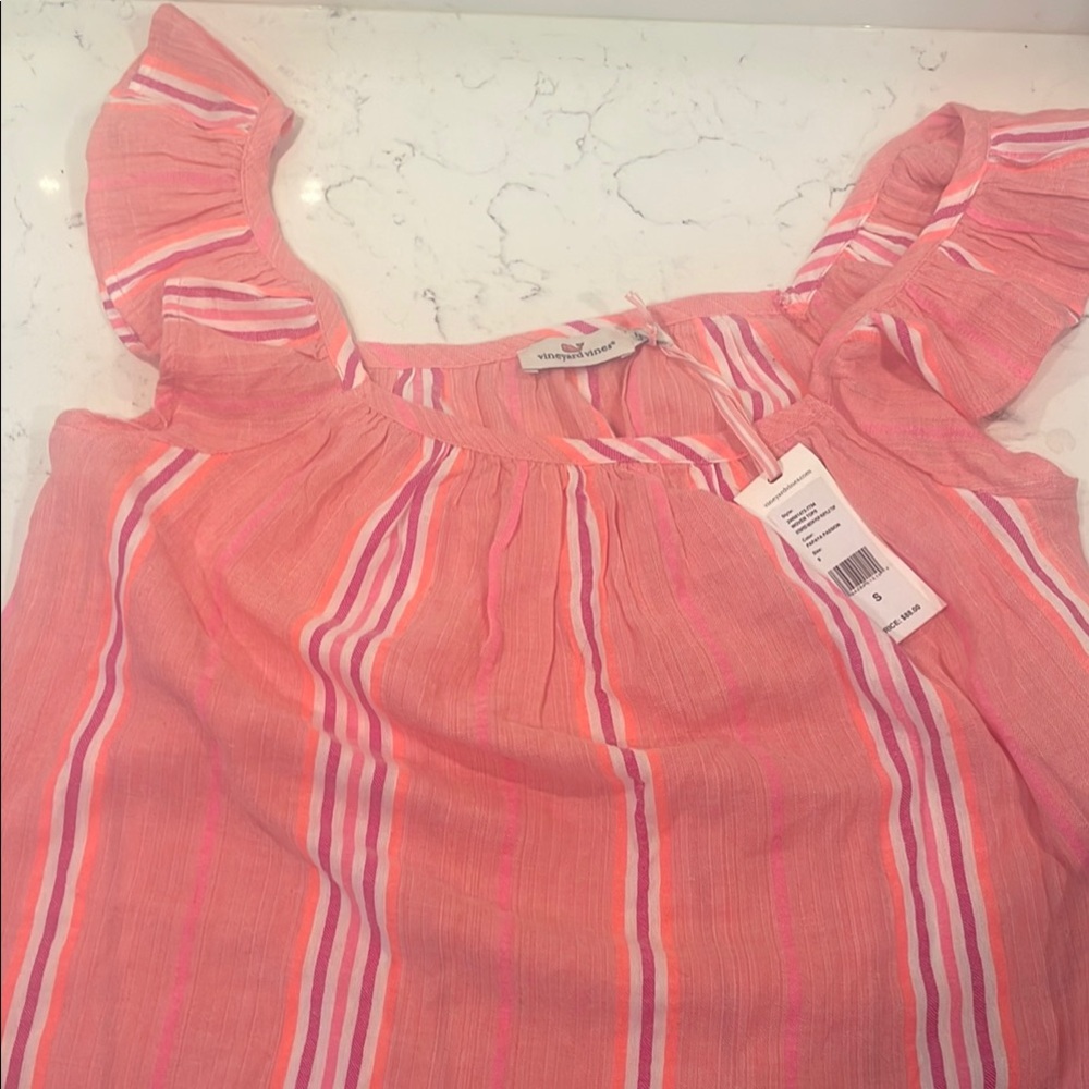 Vineyard Vines Coral and White Ruffle Sleeve Blouse